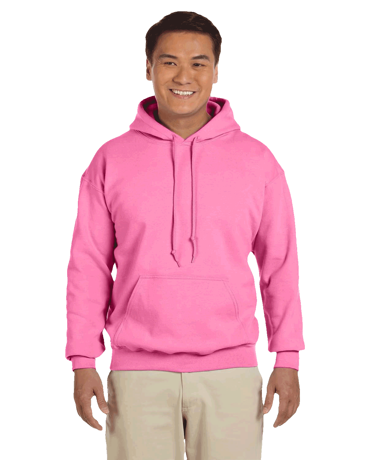 Man smiling wearing an Azalea Gildan 18500 heavy blend hoodie with front pocket, comfortable casual unisex sweatshirt ideal for custom printing