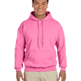 Man smiling wearing an Azalea Gildan 18500 heavy blend hoodie with front pocket, comfortable casual unisex sweatshirt ideal for custom printing