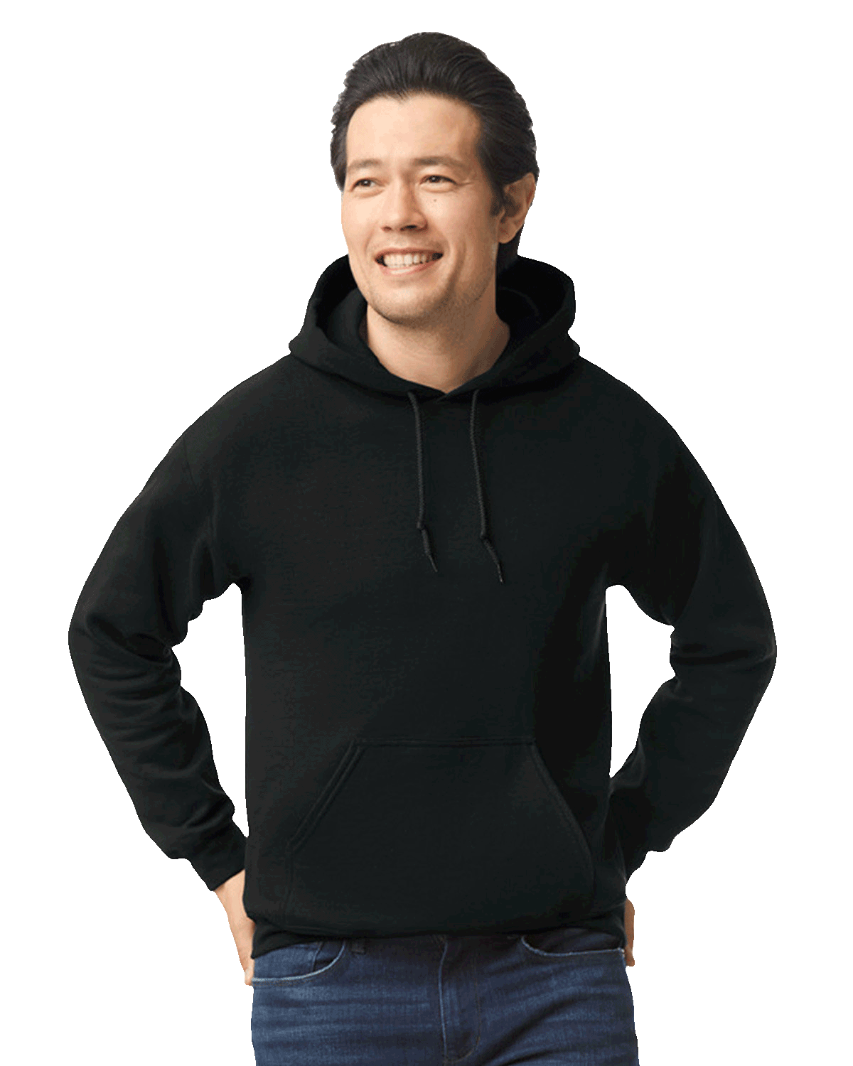 Man smiling wearing a black Gildan 18500 heavy blend hoodie with front pocket, comfortable casual unisex sweatshirt ideal for custom printing