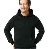 Man smiling wearing a black Gildan 18500 heavy blend hoodie with front pocket, comfortable casual unisex sweatshirt ideal for custom printing