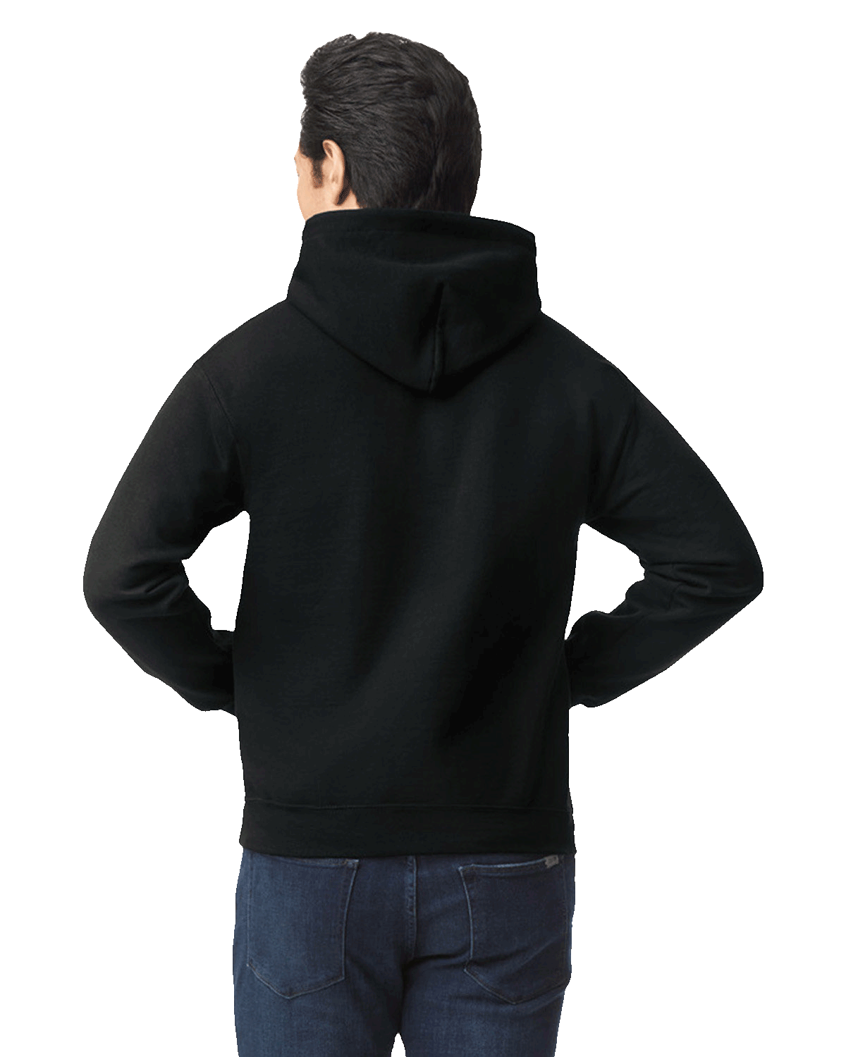 Man smiling wearing a black Gildan 18500 heavy blend hoodie with front pocket, comfortable casual unisex sweatshirt ideal for custom printing