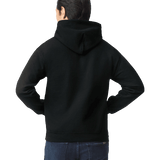 Man smiling wearing a black Gildan 18500 heavy blend hoodie with front pocket, comfortable casual unisex sweatshirt ideal for custom printing