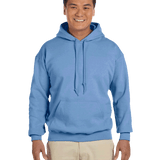 Man smiling wearing a Carolina Blue Gildan 18500 heavy blend hoodie with front pocket, comfortable casual unisex sweatshirt ideal for custom printing