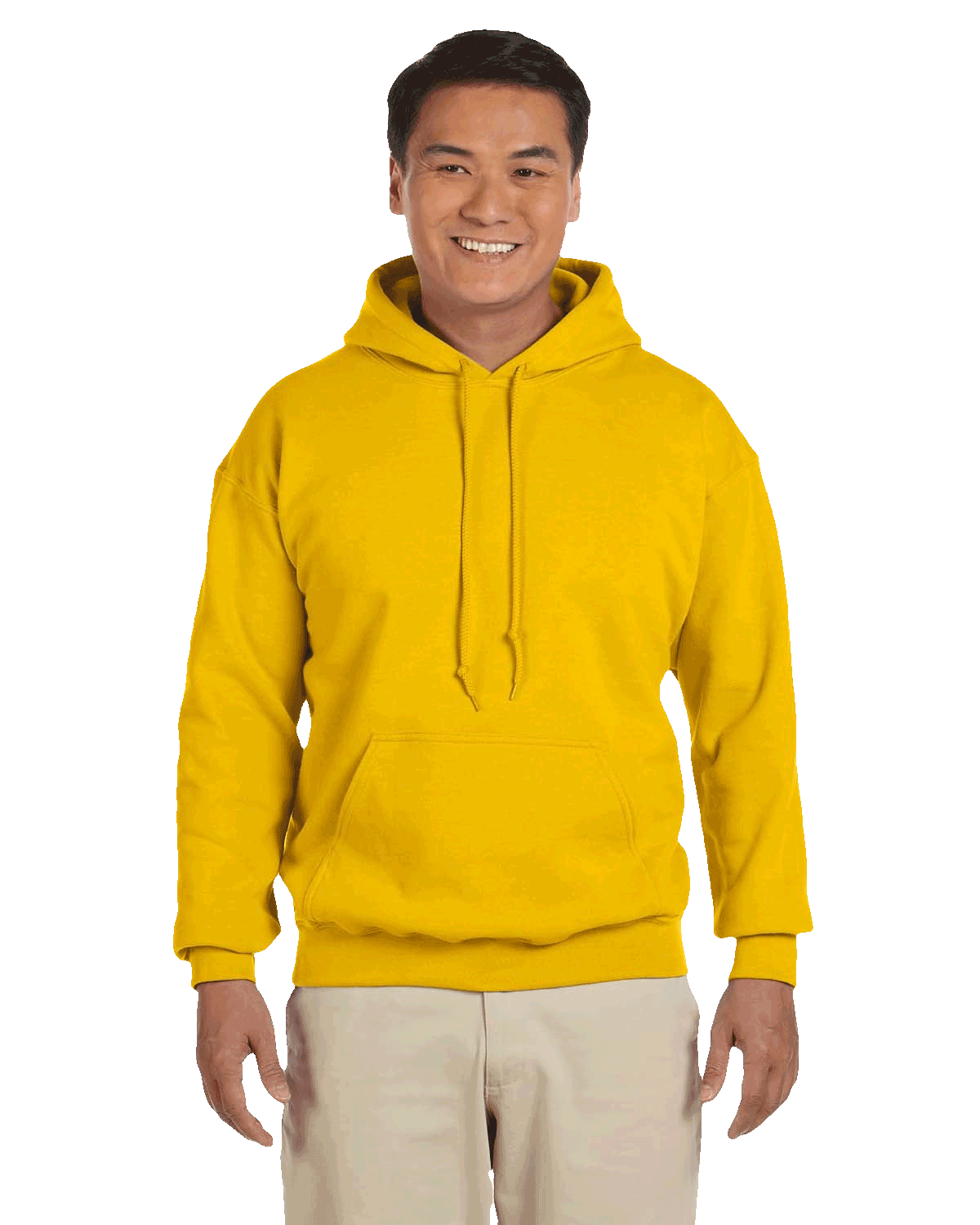 Man smiling wearing a Gold Gildan 18500 heavy blend hoodie with front pocket, comfortable casual unisex sweatshirt ideal for custom printing