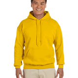 Man smiling wearing a Gold Gildan 18500 heavy blend hoodie with front pocket, comfortable casual unisex sweatshirt ideal for custom printing