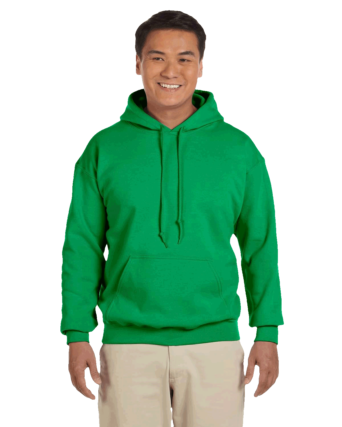 Man smiling wearing an Irish Green Gildan 18500 heavy blend hoodie with front pocket, comfortable casual unisex sweatshirt ideal for custom printing