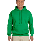 Man smiling wearing an Irish Green Gildan 18500 heavy blend hoodie with front pocket, comfortable casual unisex sweatshirt ideal for custom printing