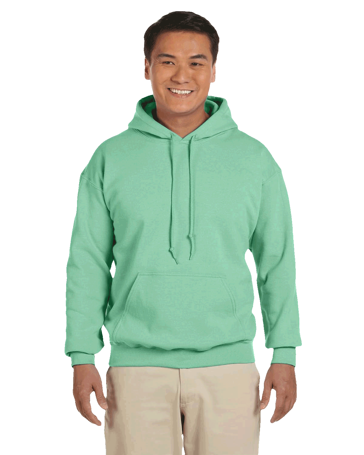 Man smiling wearing a Mint Green Gildan 18500 heavy blend hoodie with front pocket, comfortable casual unisex sweatshirt ideal for custom printing