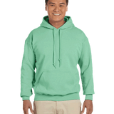 Man smiling wearing a Mint Green Gildan 18500 heavy blend hoodie with front pocket, comfortable casual unisex sweatshirt ideal for custom printing
