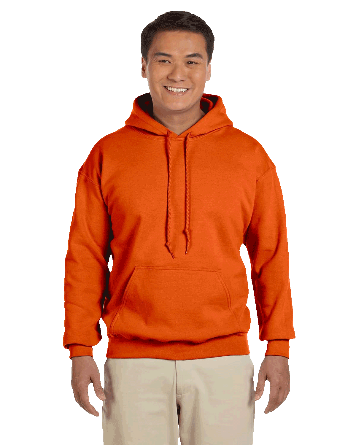 Man smiling wearing an Orange Gildan 18500 heavy blend hoodie with front pocket, comfortable casual unisex sweatshirt ideal for custom printing