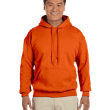 Man smiling wearing an Orange Gildan 18500 heavy blend hoodie with front pocket, comfortable casual unisex sweatshirt ideal for custom printing