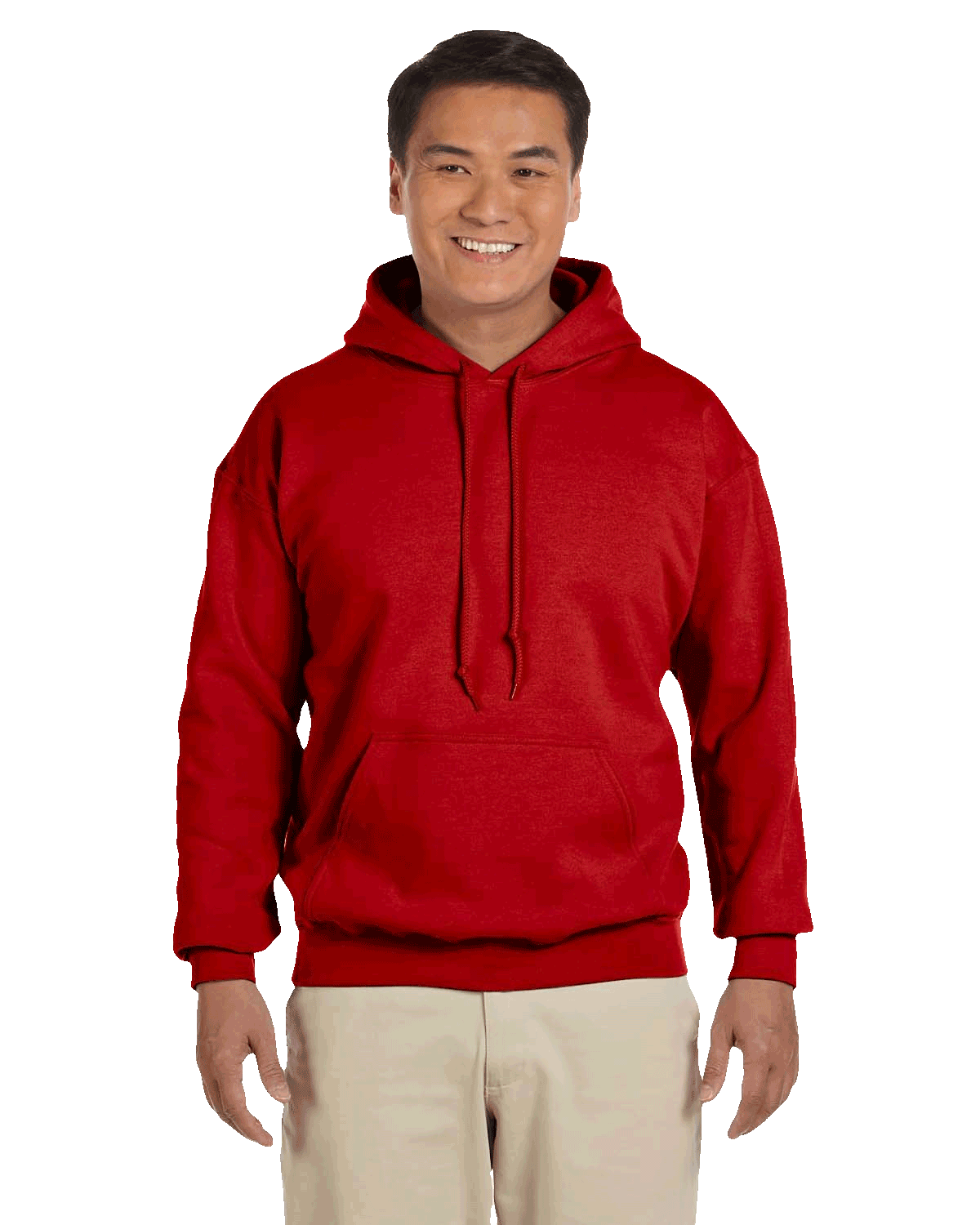 Man smiling wearing a Red Gildan 18500 heavy blend hoodie with front pocket, comfortable casual unisex sweatshirt ideal for custom printing