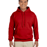 Man smiling wearing a Red Gildan 18500 heavy blend hoodie with front pocket, comfortable casual unisex sweatshirt ideal for custom printing