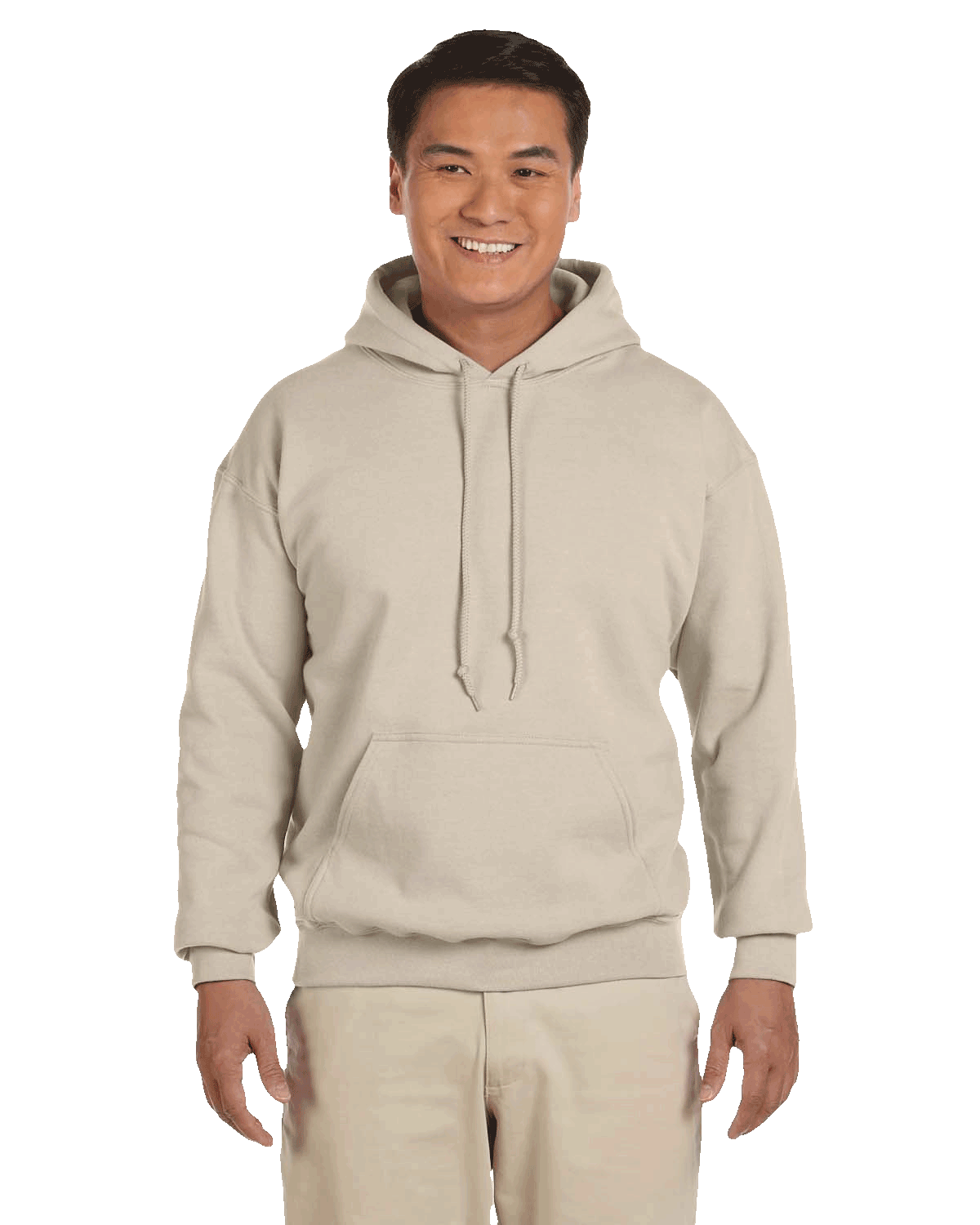 Man smiling wearing a Sand Gildan 18500 heavy blend hoodie with front pocket, comfortable casual unisex sweatshirt ideal for custom printing