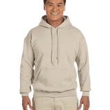 Man smiling wearing a Sand Gildan 18500 heavy blend hoodie with front pocket, comfortable casual unisex sweatshirt ideal for custom printing