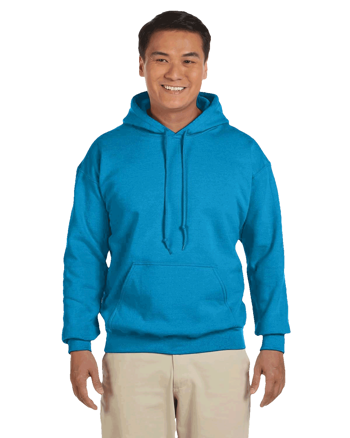 Man smiling wearing a Sapphire Gildan 18500 heavy blend hoodie with front pocket, comfortable casual unisex sweatshirt ideal for custom printing