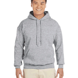 Man smiling wearing a Sport Grey Gildan 18500 heavy blend hoodie with front pocket, comfortable casual unisex sweatshirt ideal for custom printing