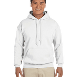 Man smiling wearing a white Gildan 18500 heavy blend hoodie with front pocket, comfortable casual unisex sweatshirt ideal for custom printing