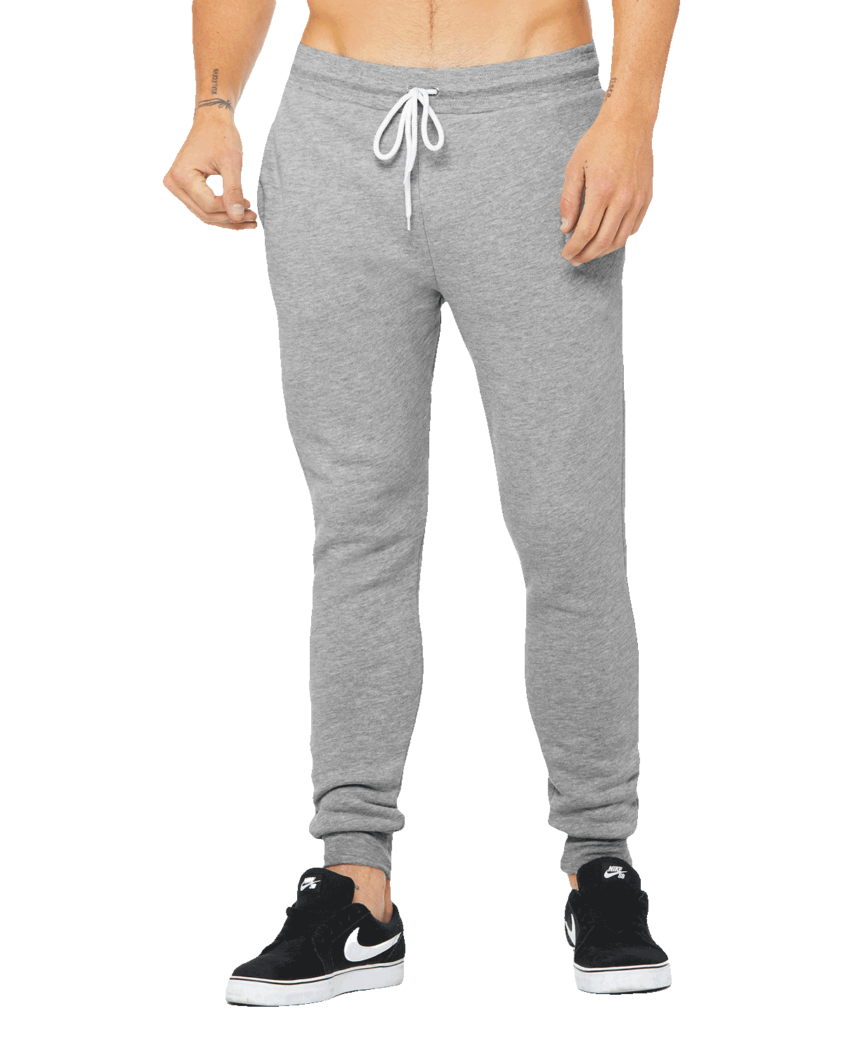 Light gray jogger sweatpants with white drawstring and tapered fit, perfect for custom printing, activewear, or casual daily use
