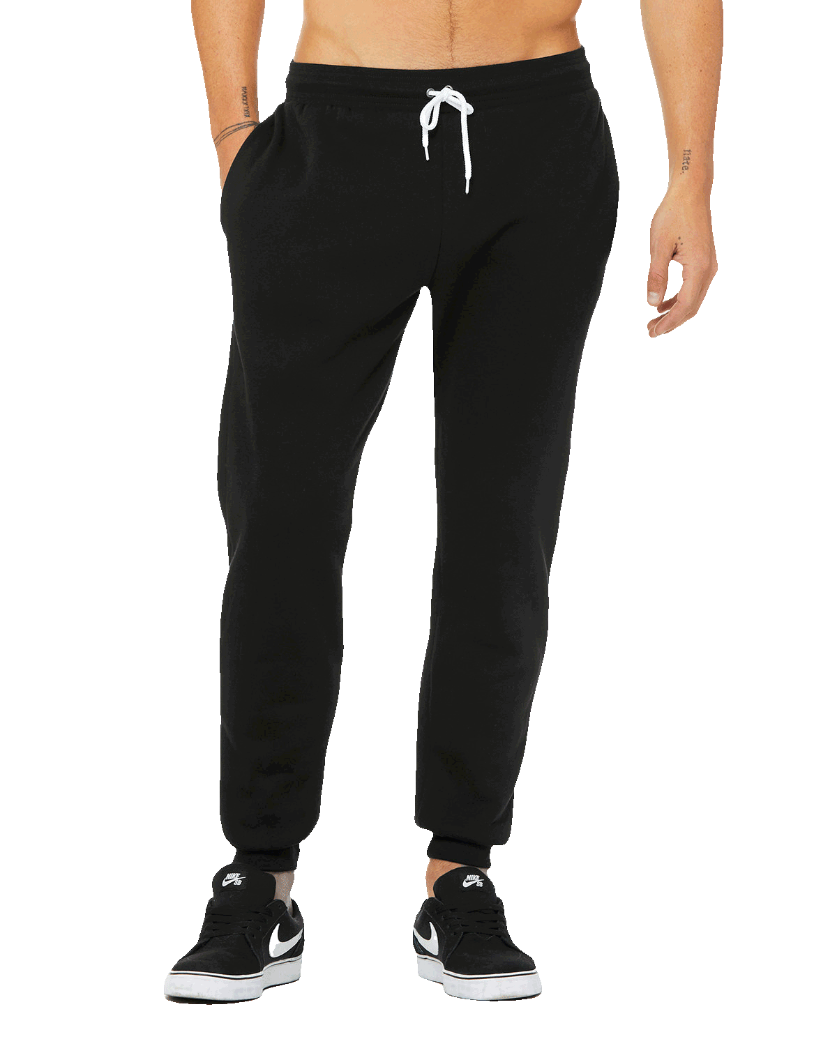 Black jogger sweatpants with white drawstring and cuffed ankles, modern unisex fit ideal for casual wear, printing, or active lifestyles