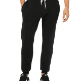 Black jogger sweatpants with white drawstring and cuffed ankles, modern unisex fit ideal for casual wear, printing, or active lifestyles