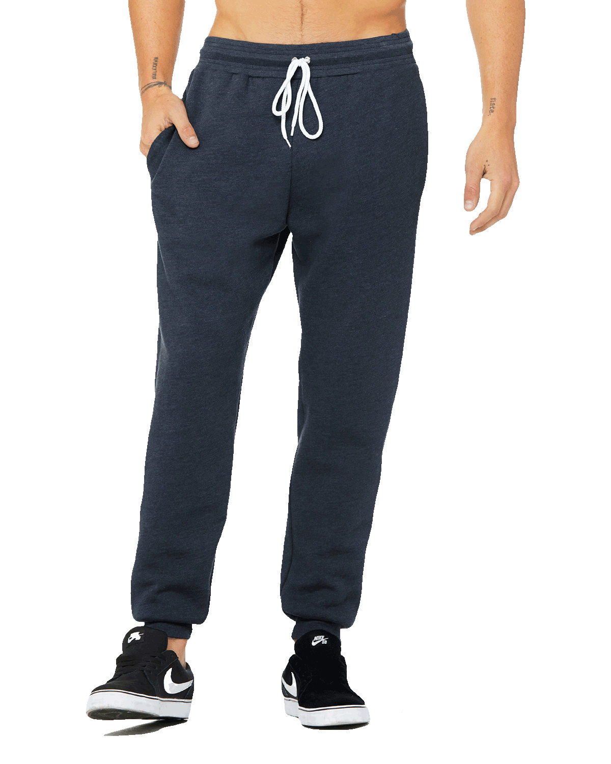 Dark navy jogger sweatpants with white drawstring and side pockets, relaxed fit great for printing, workouts, or casual wear