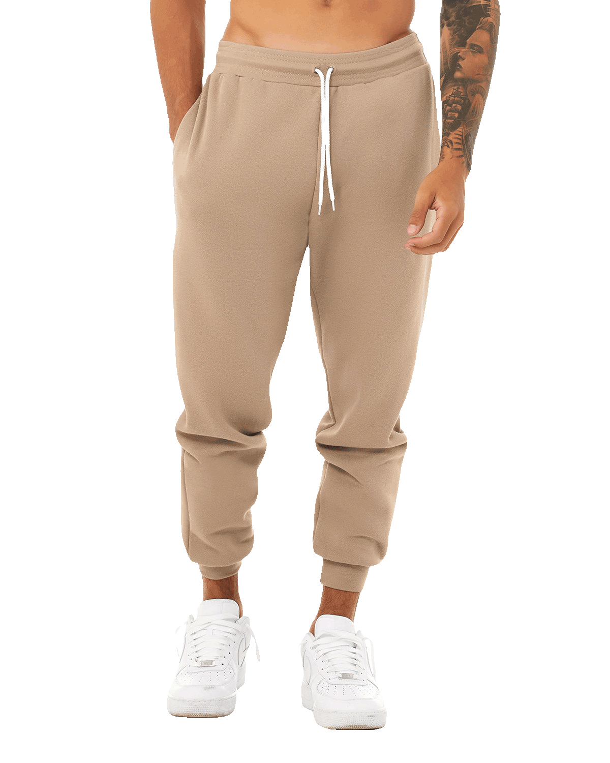 Tan jogger sweatpants with cuffed ankles and white drawstring, modern slim fit ideal for printing, workouts, or casual streetwear