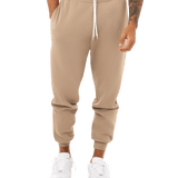 Tan jogger sweatpants with cuffed ankles and white drawstring, modern slim fit ideal for printing, workouts, or casual streetwear