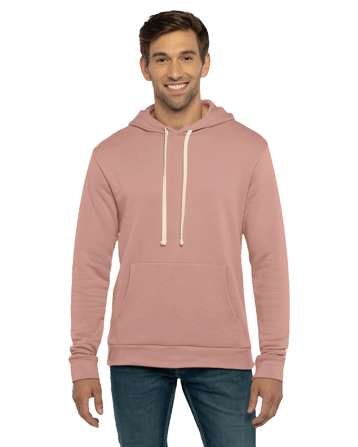 Man in light mauve pink hoodie with white drawstrings and kangaroo pocket, smiling and wearing blue denim jeans