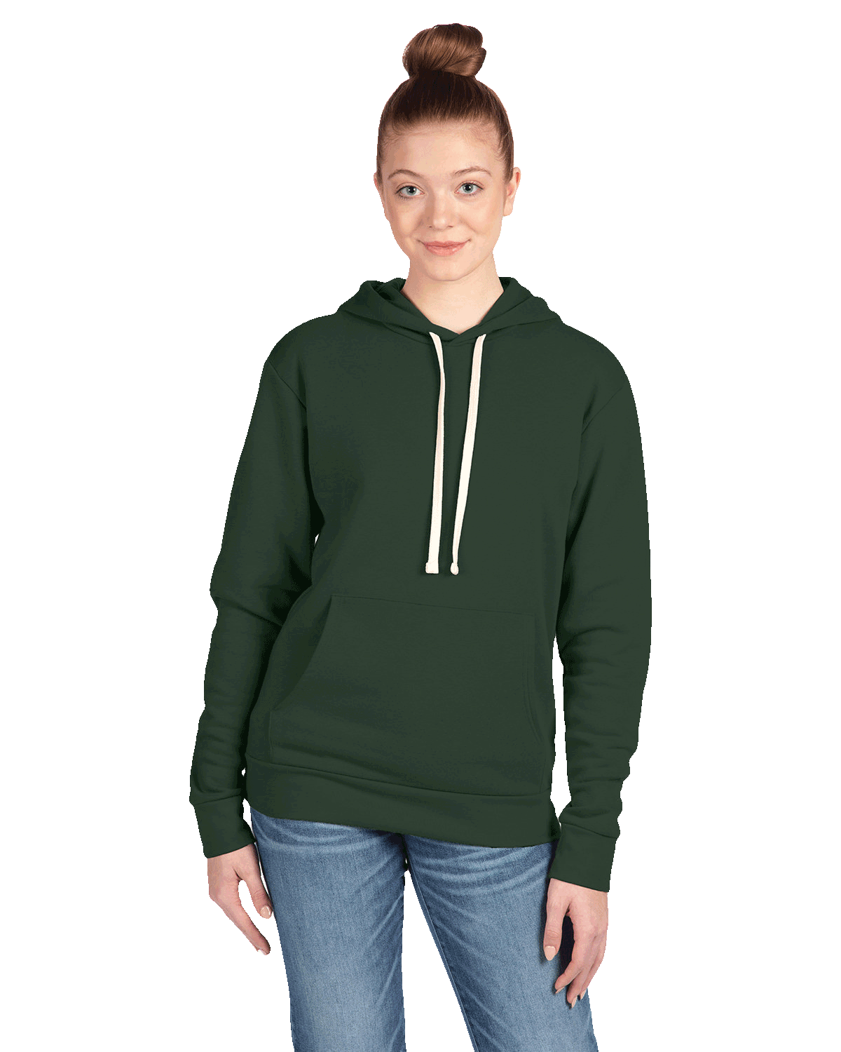 Woman wearing a dark green hoodie with white drawstrings and front pocket, paired with blue jeans, smiling at camera