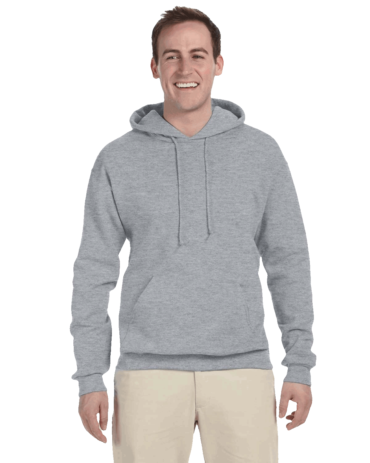 Man wearing light gray hoodie with front pocket and drawstrings, paired with khaki pants
