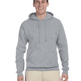 Man wearing light gray hoodie with front pocket and drawstrings, paired with khaki pants