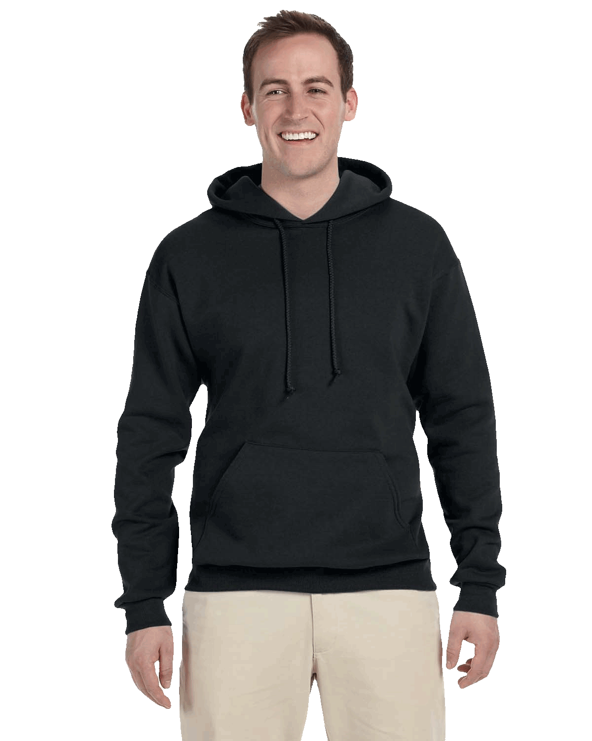 Man smiling in black hoodie with drawstrings and front pocket, paired with light khaki pants