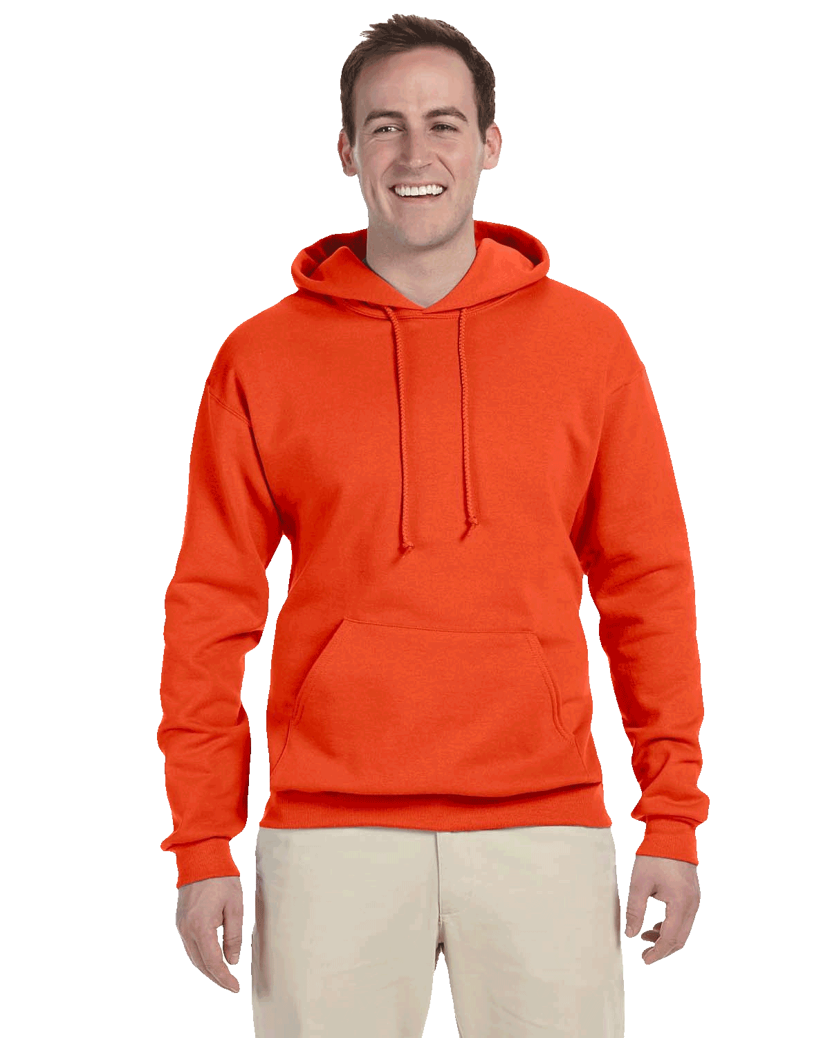 Smiling man in a bright orange pullover hoodie with front pouch pocket and drawstrings, paired with beige pants