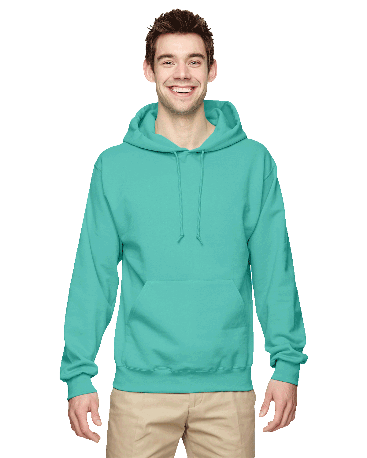 Smiling man wearing a mint green pullover hoodie with kangaroo pocket and drawstrings, paired with beige pants
