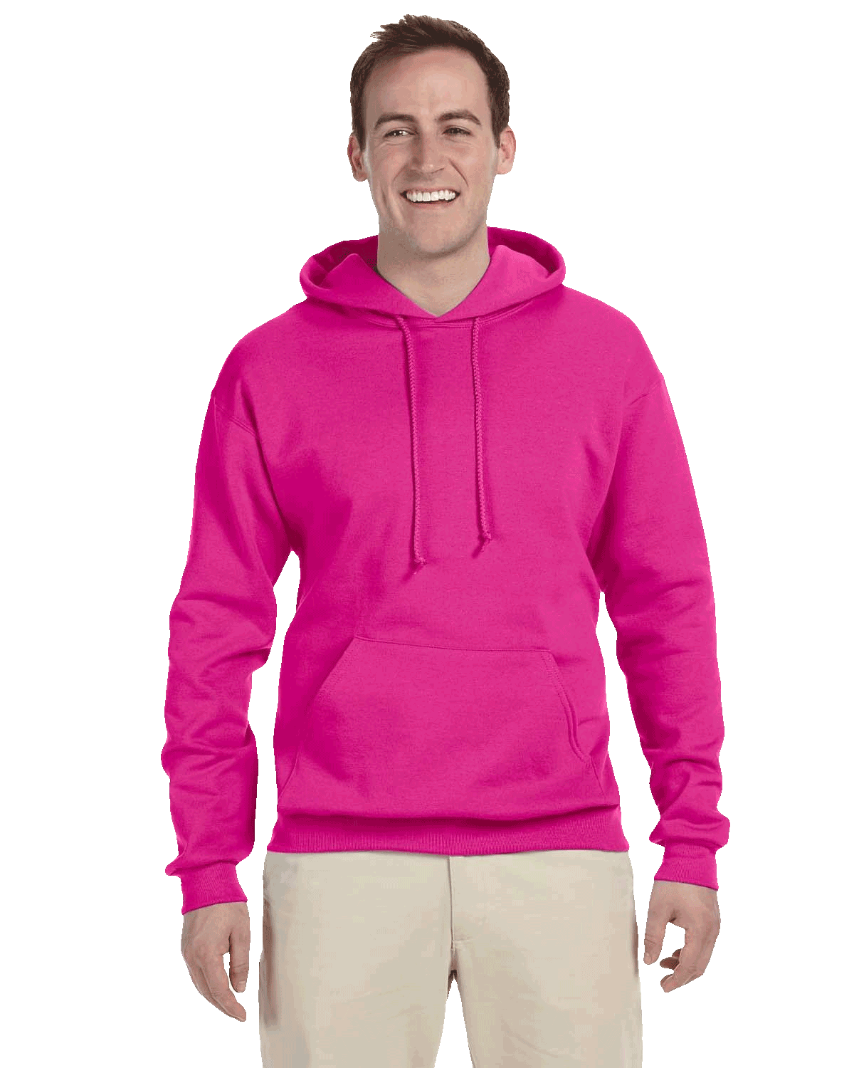 Man in bright pink pullover hoodie with front pocket and drawstrings, paired with light khaki pants