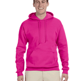 Man in bright pink pullover hoodie with front pocket and drawstrings, paired with light khaki pants