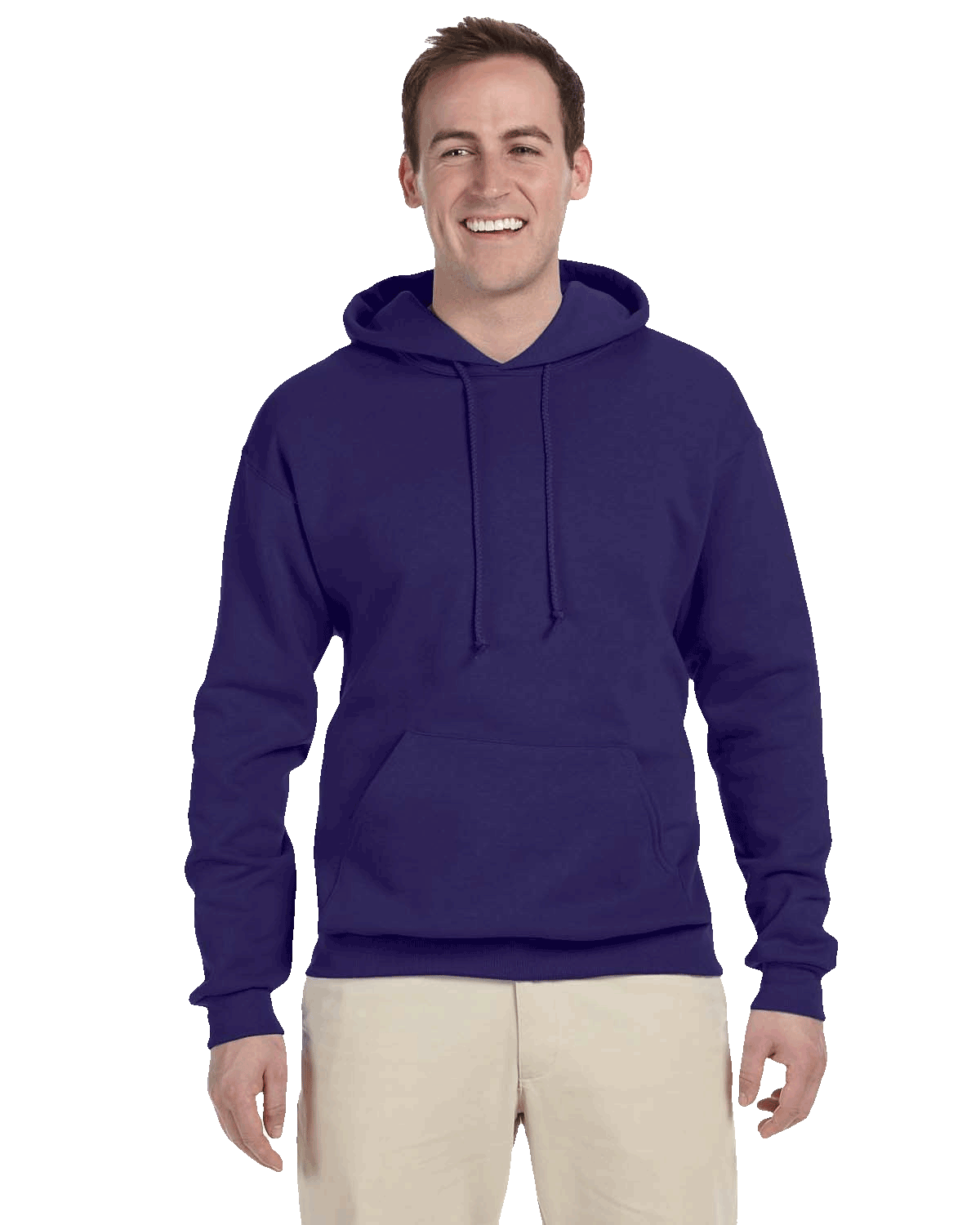 Man in dark purple pullover hoodie with front pouch and drawstrings, styled casually with khaki pants