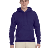 Man in dark purple pullover hoodie with front pouch and drawstrings, styled casually with khaki pants