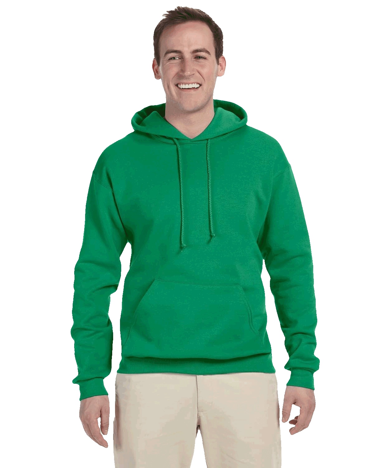 Man in bright green hoodie with front pocket and drawstrings standing against transparent background