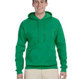 Man in bright green hoodie with front pocket and drawstrings standing against transparent background