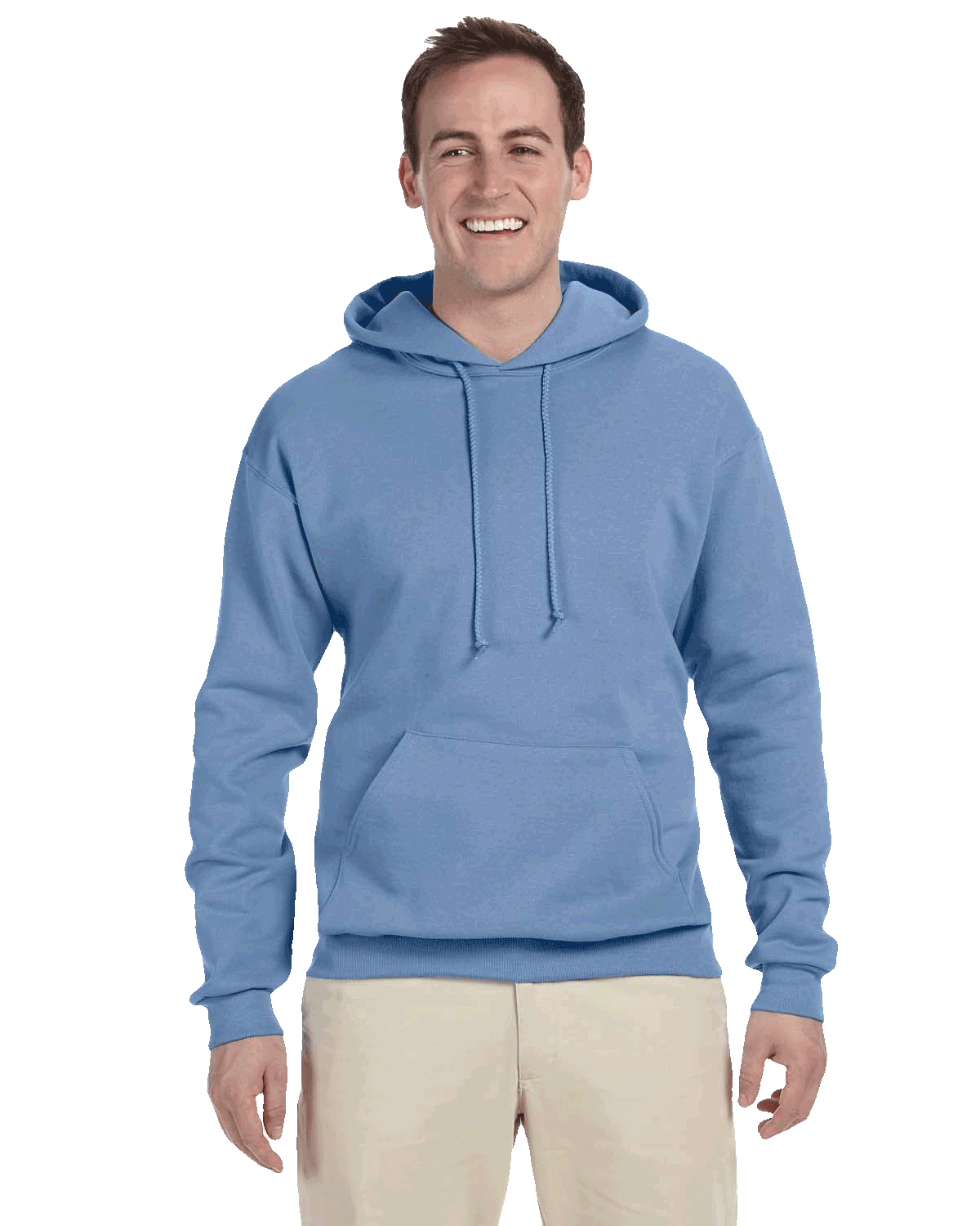 Man in light blue hoodie with drawstrings and beige pants on transparent background