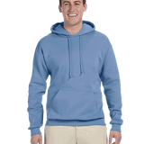 Man in light blue hoodie with drawstrings and beige pants on transparent background