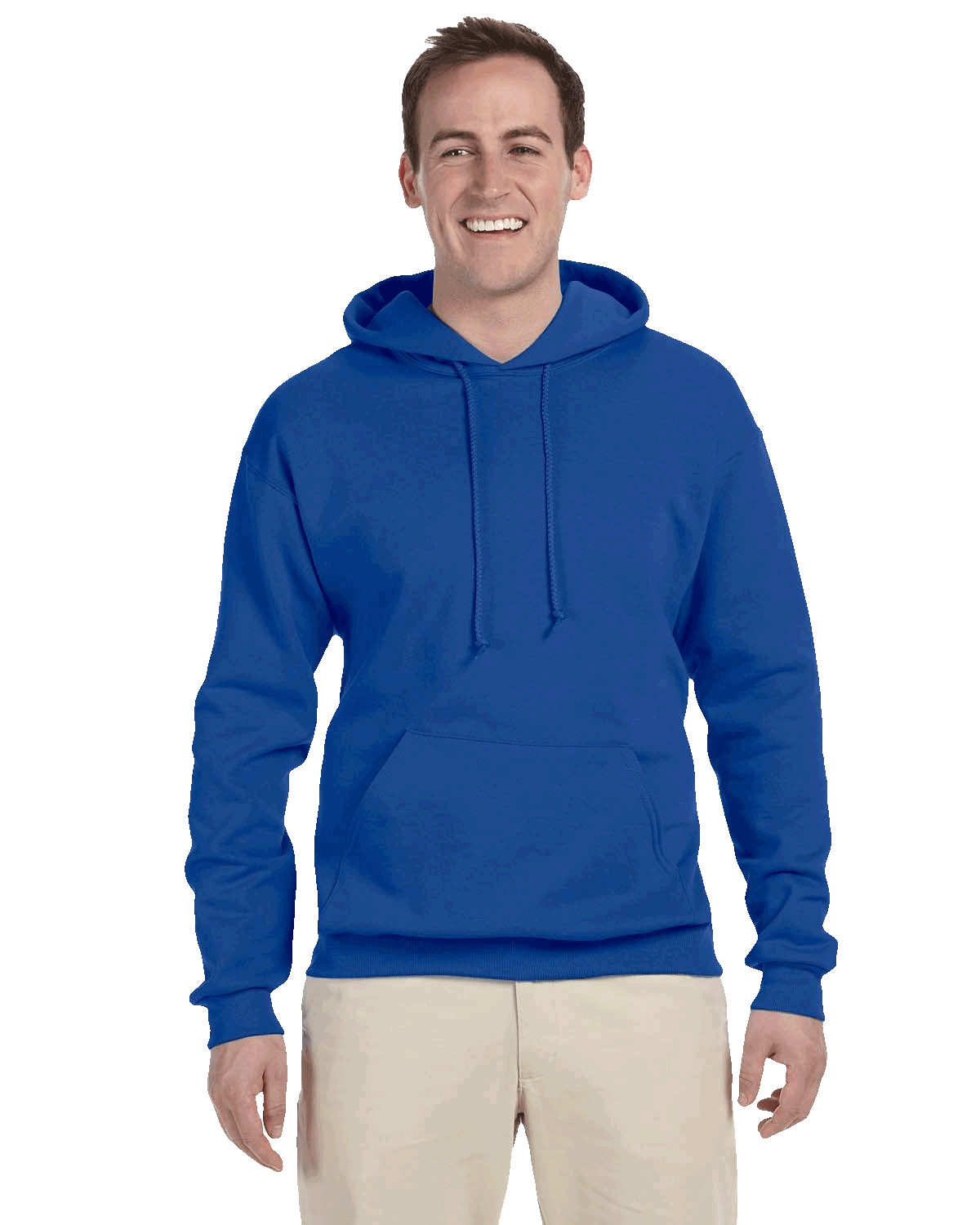 Man in royal blue hoodie with drawstrings and beige pants on transparent background
