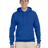 Man in royal blue hoodie with drawstrings and beige pants on transparent background