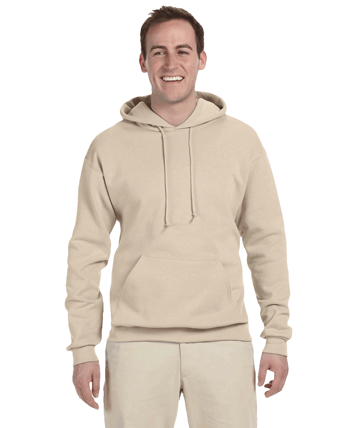 Smiling man wearing beige hoodie and matching light pants on transparent background