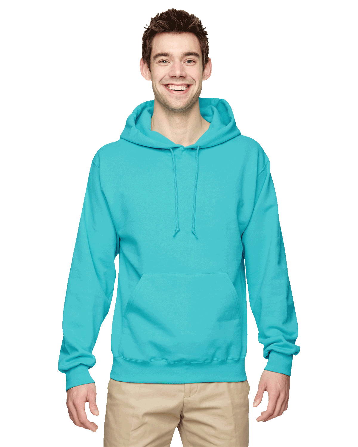 Smiling man in turquoise hoodie and beige pants on transparent background