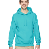 Smiling man in turquoise hoodie and beige pants on transparent background