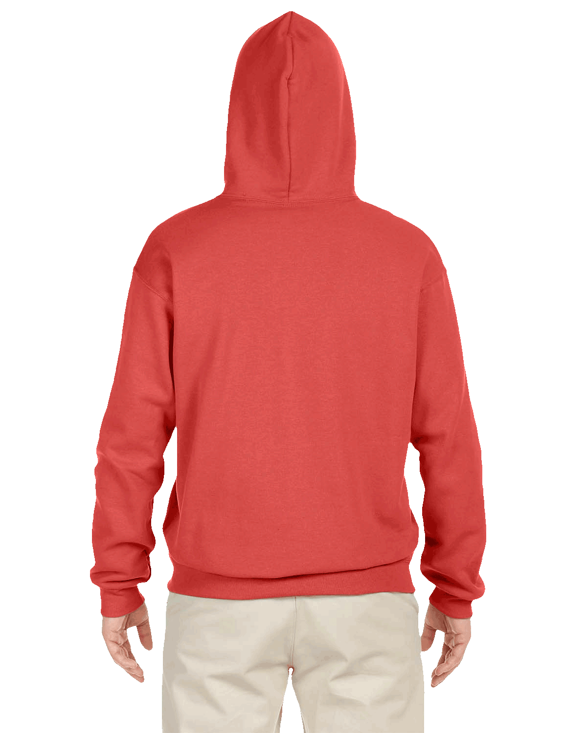 Back view of red hoodie worn by man with hood up and beige pants on transparent background