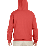 Back view of red hoodie worn by man with hood up and beige pants on transparent background